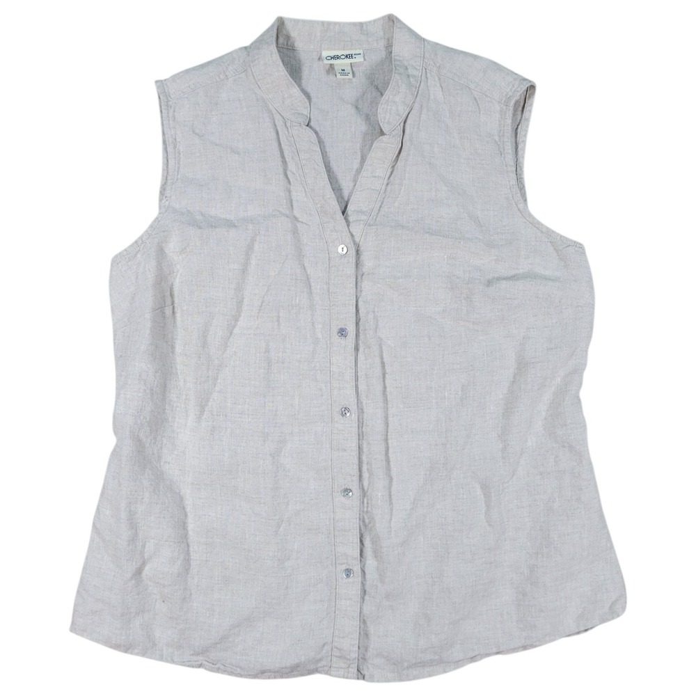 Cherokee Linen Top Women M Tan Sleeveless Button Front Coastal Lagenlook Neutral